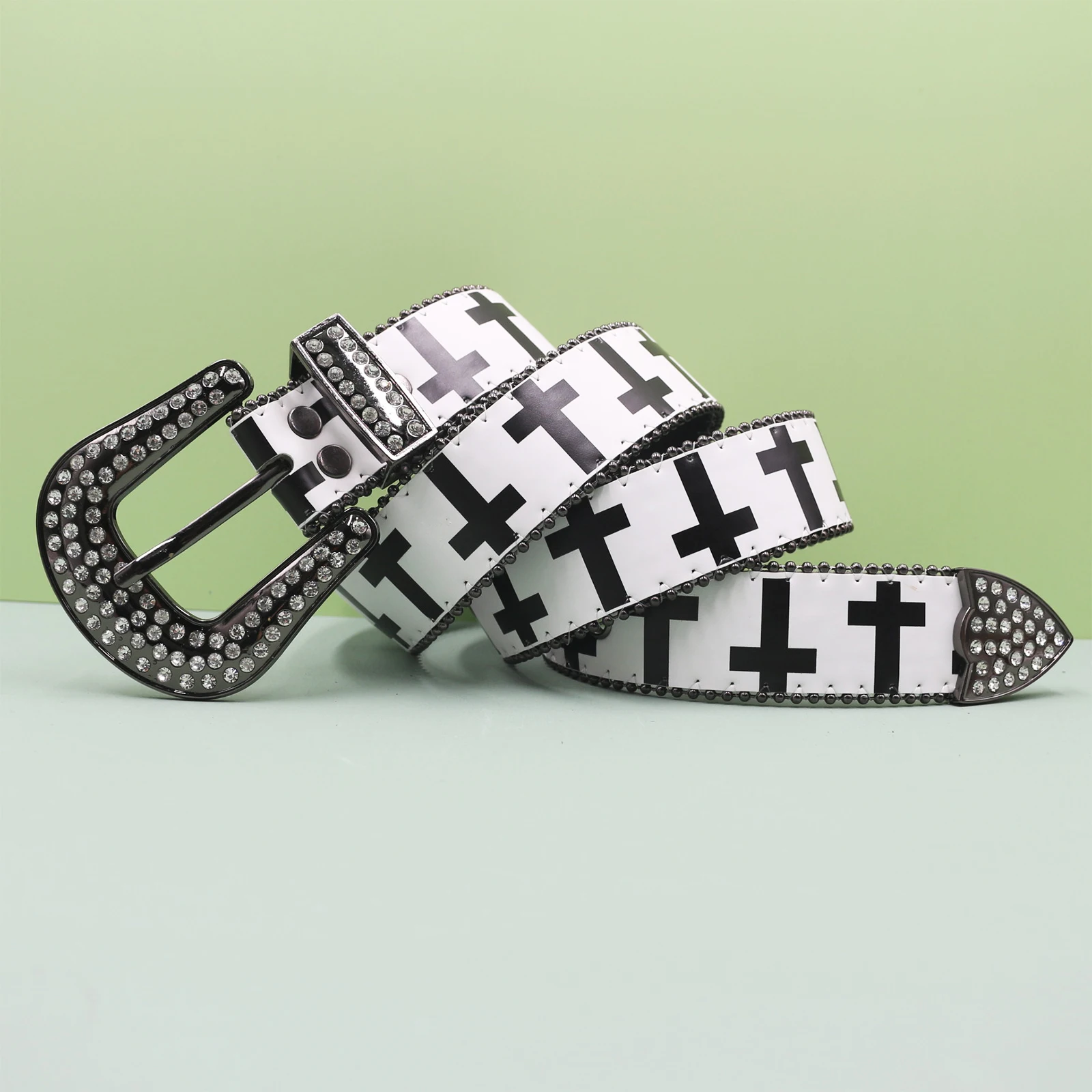 حزام حجر الراين الأبيض عبر طباعة مصمم أحزمة للرجال النساء حزام أسود حزام متعدد الألوان مع أحجار الراين اللامعة كهدية #1