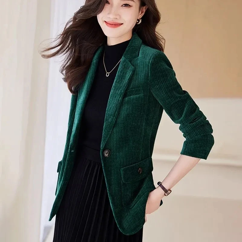 Spring Autumn Women Blazers New Fashion Solid Corduroy Suit Ladies Business Office Formal Coat Short Jacket Single Button Blazer