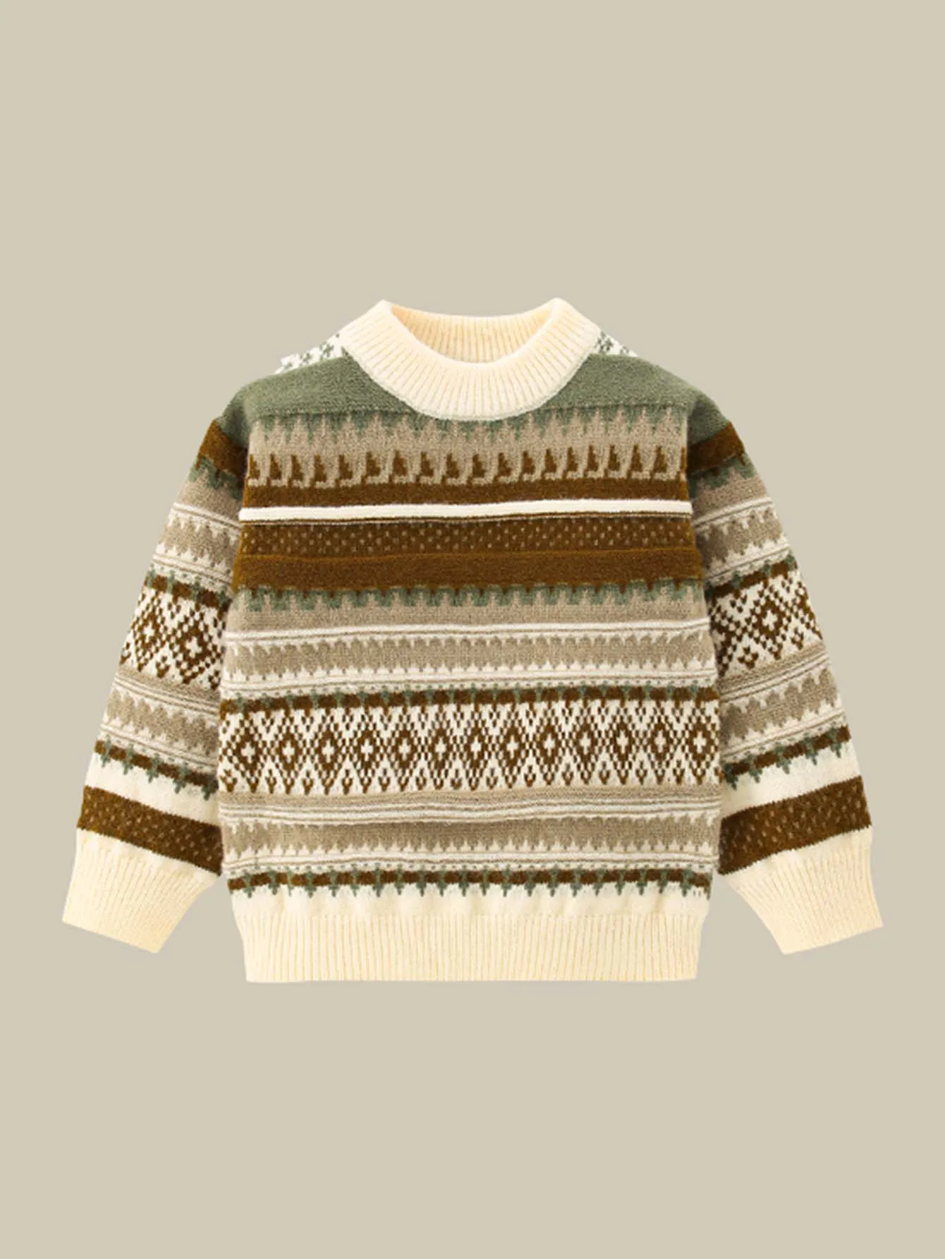 Kids' vintage jacqueround-neck sweater with a multi-color geometric pattern. It blends preppy and ethnic vibes