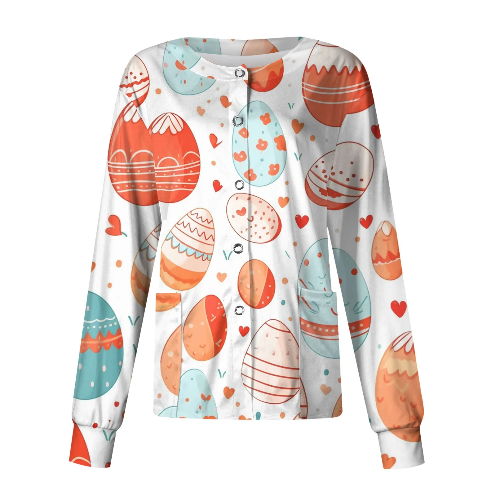 Nurse Uniform Cardigan Tops Single-Breasted Protective Overalls Jackets Women Easter Printed Long Sleeve Large Size Tops