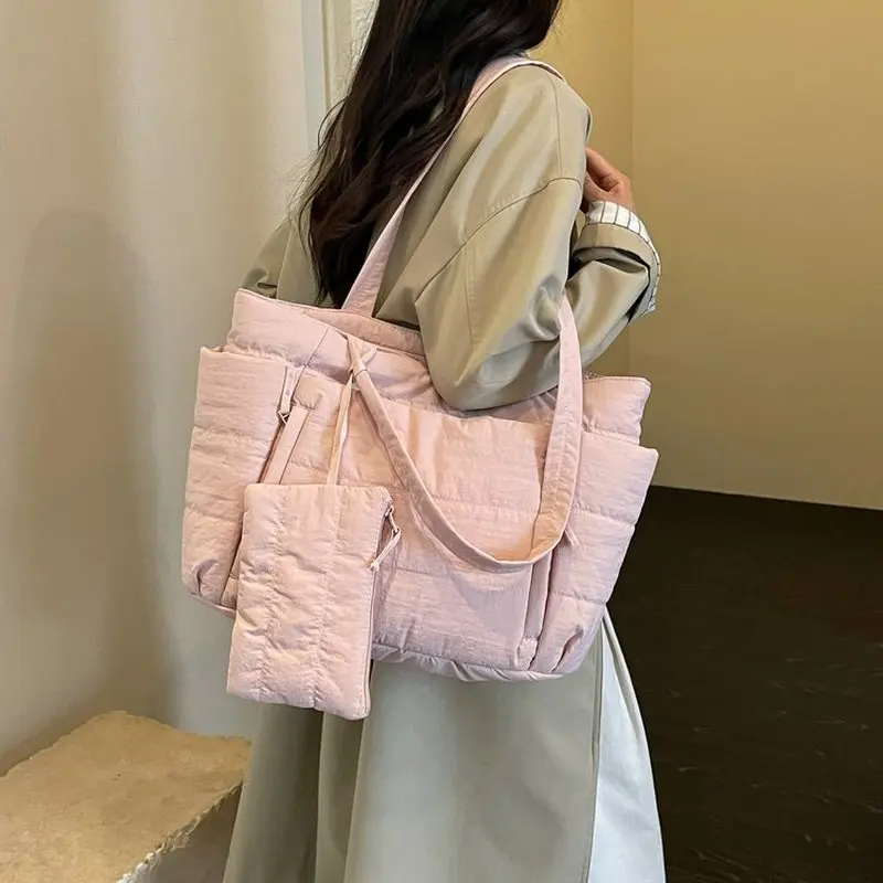 Women Pink Puffer Tote Bag With Detachable Mini Pouch Quilted Shoulder Purse Large Capacity Lightweight Daily Commuter Handbag
