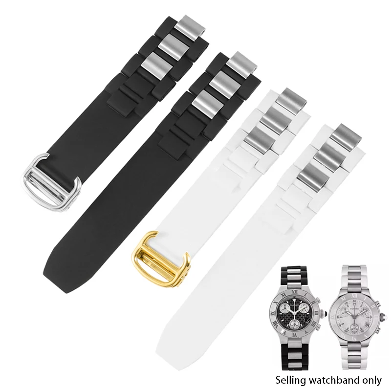 

20mmx10mm Raised Rubber Strap Black White Silicone WatchBand Fold Buckle Replace Watch Chain For Cartier 21 Chronoscaph Bracelet