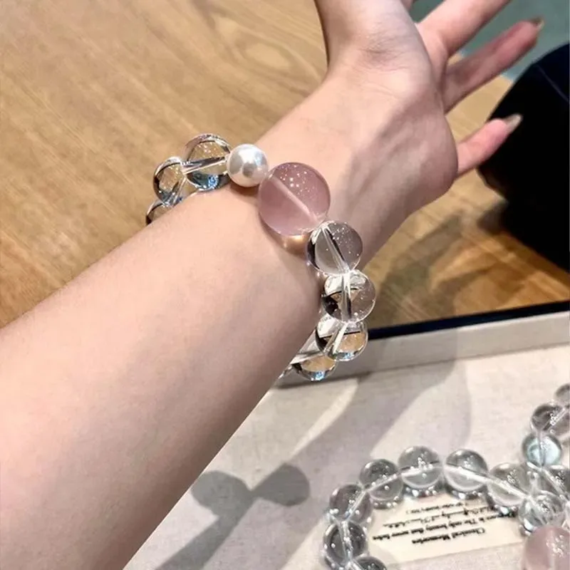 Natural white crystal bracelet, simple high-end powder crystal beaded bracelet, female versatile niche design jewelry