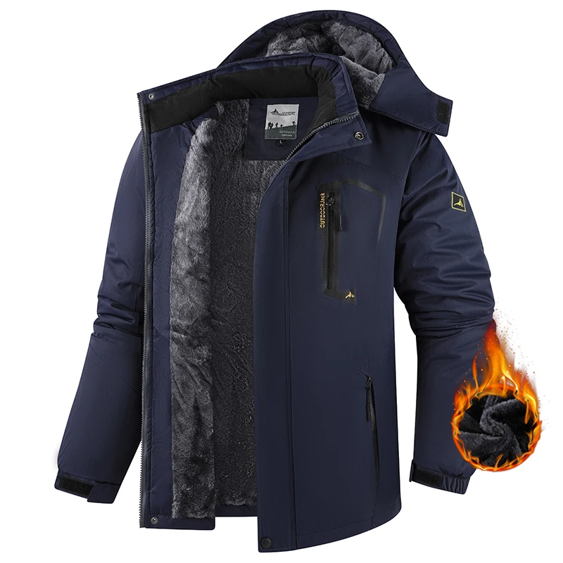 Men Outdoors Windproof Keep Warm Hiking Exercise Coat New Fashion Casual Detachable Hat Parka Winter Fleece Thicken Solid Jacket