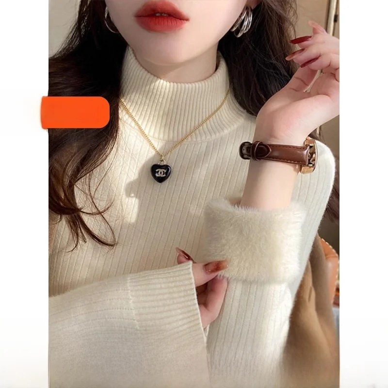 

Женский утепленный вязаный свитер с высоким воротником, осенне-зимний трикотажный топ из мягкой акриловой смеси