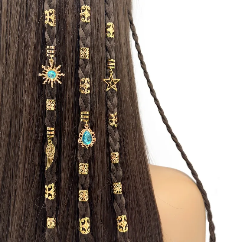 

24Pcs Luxury Gem Sun Pendant Dreadlock Rings Set Non Slip Super Durable Metal Easy Install DIY Braid Hair Accessories Women