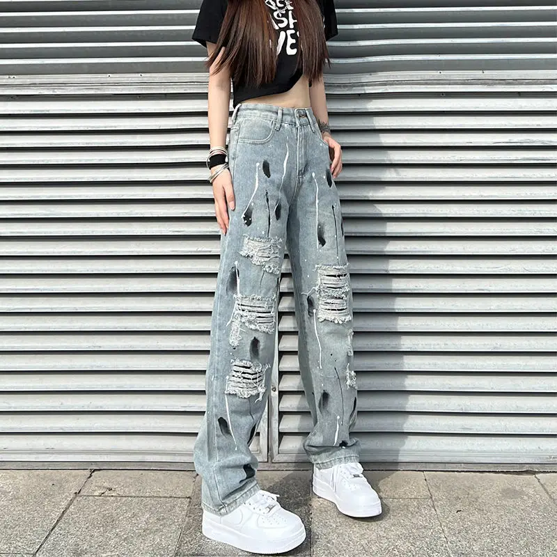 Splashing Ink Ripped Denim Pants with High Street Vibe and Trendy Design High Waist Slimming Loose Straight Leg Wide Leg Pants