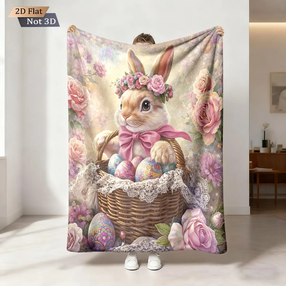 1 Stück Oster-Flanelldecke mit Niedlichem Hasen- und Eier-Print, 230g/m², Lässige Komfortable Decke, Teppich in Verschiedenen Größen, Maschinenwaschbar