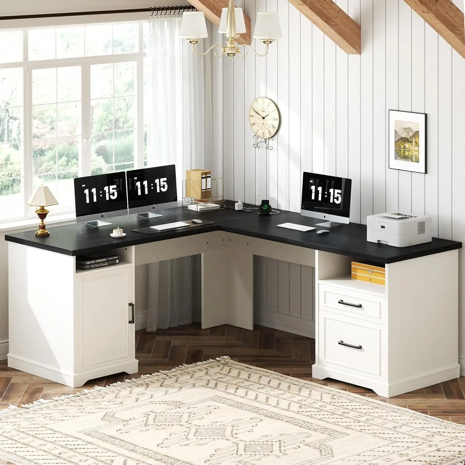 

L-Shaped Executive Desk With File Drawers Power Outlets Storage Cabinet 60in 2-Person Home Office, Customized