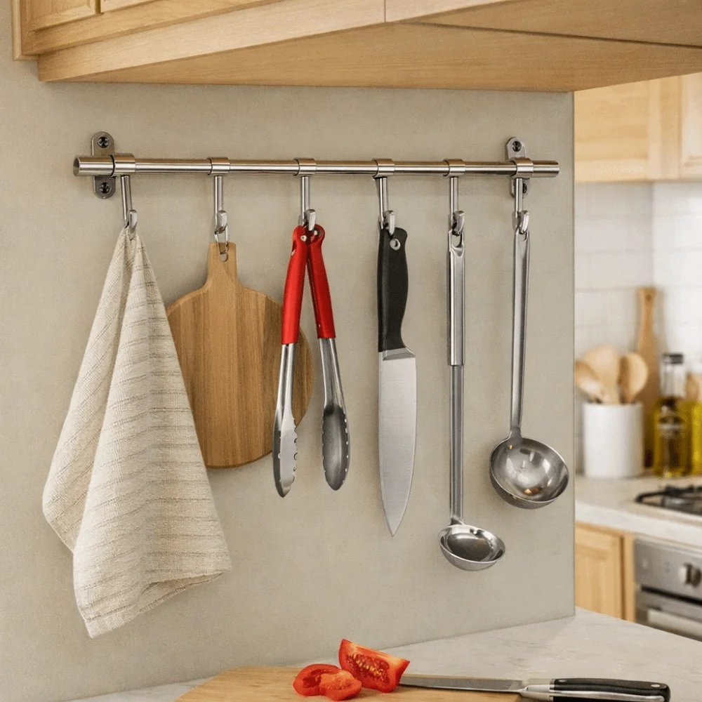 

Stainless Steel Kitchen Rail Rack Wall Mounted Space Saving Sliding Flatware Storage Rack with Movable Hooks Utensil Holder