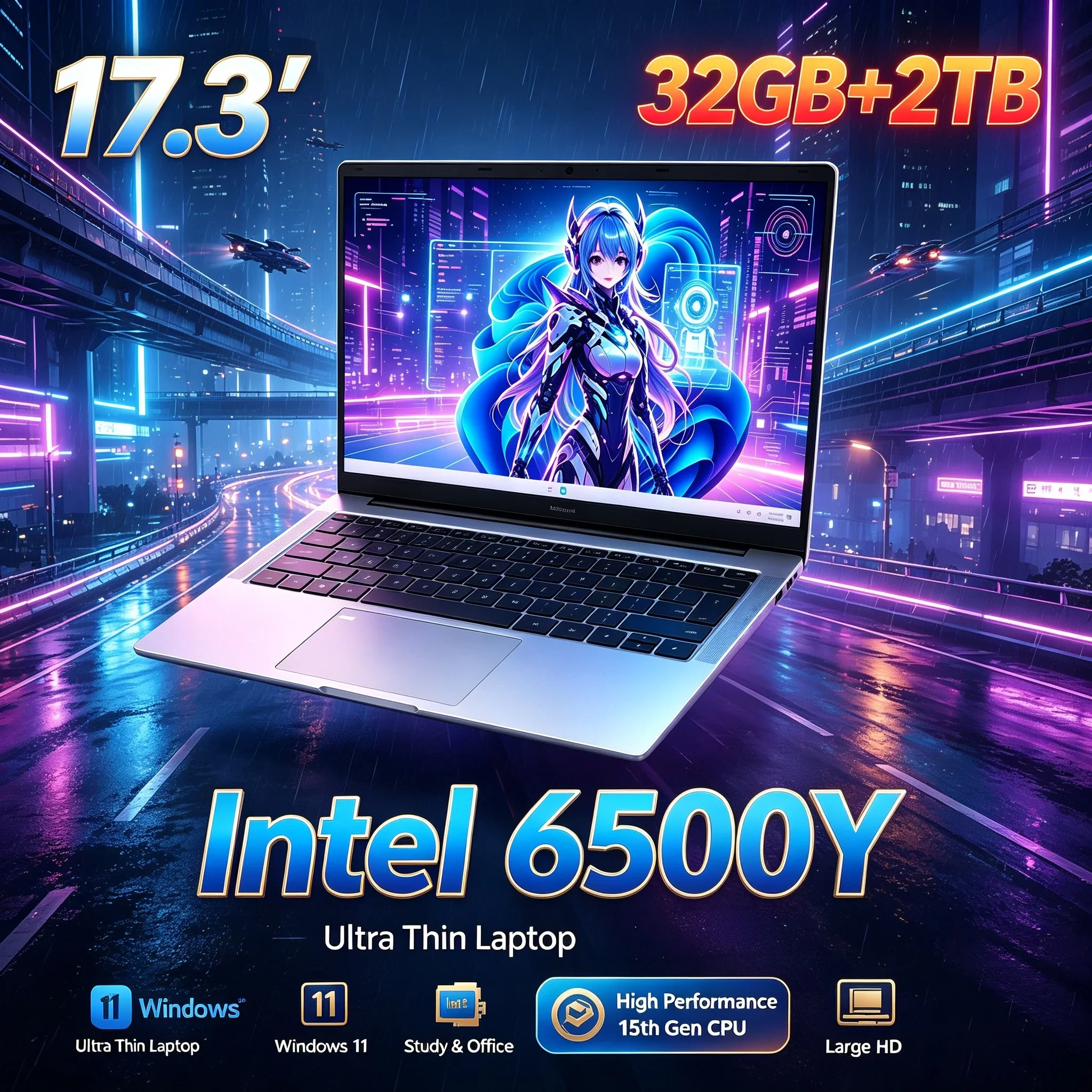 17.3'' Large HD Screen Notebook Intel 6500Y 32GB RAM 1TB 2TB SSD Windows11 BT5.2 WiFi6 Portable Laptop For Office Work Household