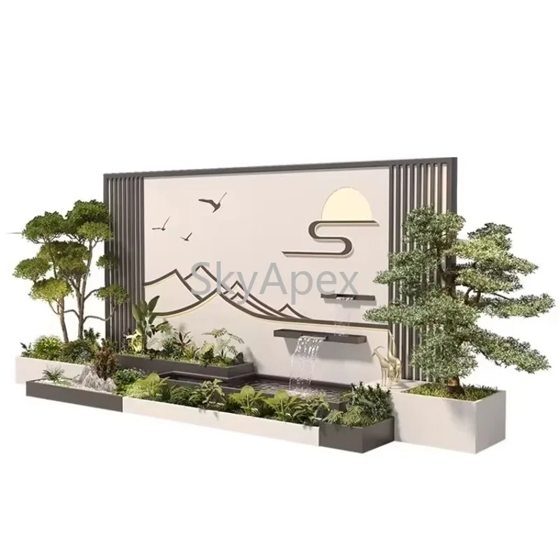 Outdoor Stainless Steel Running Water Screen - Modern Landscape Wall  Ornament with Fish Pond Flower Box for Courtyard Furniture