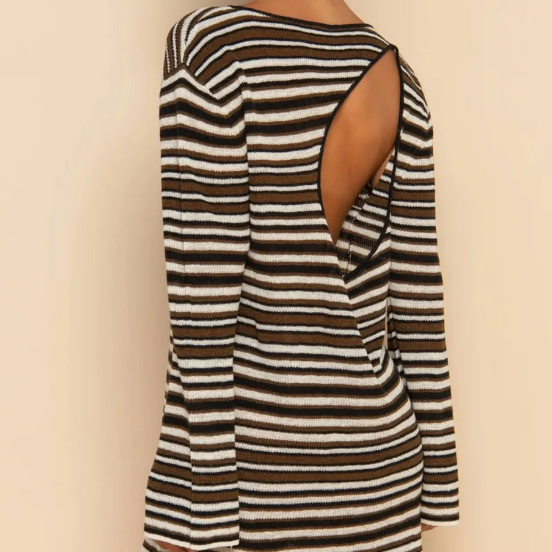 Pop tricot rayé Mini robe femmes mode dos nu découpe à manches longues robe en tricot plage vacances Boho robes décontractées amples