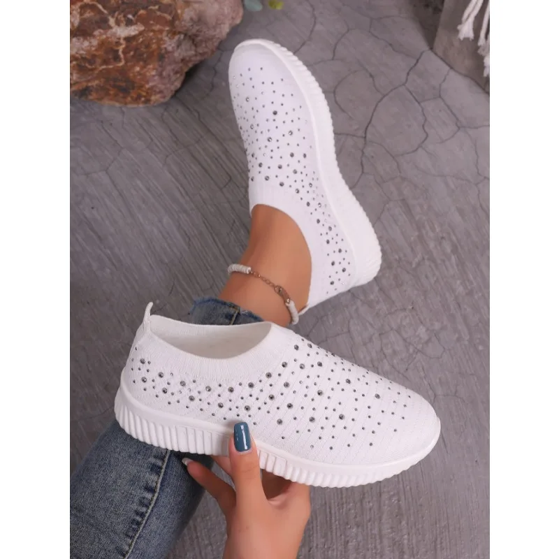 Shiny Crystal Platform Sneakers Women Light Breathable Knitting Sports Shoes Woman 2024 Soft Bottom Non-slip Flats Plus Size 43