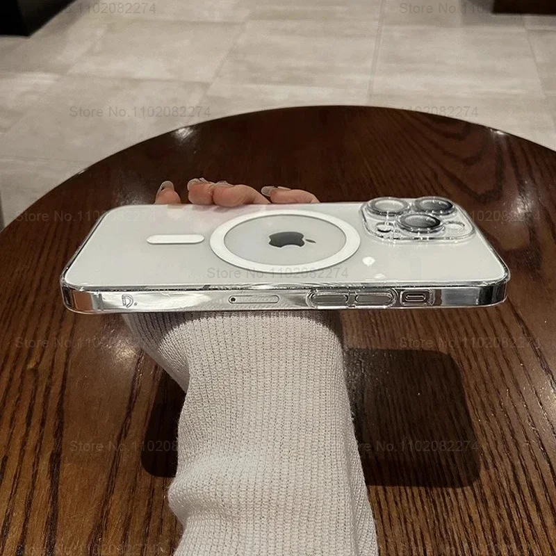 iPhone 16 15 14 13 12 11 Pro Max Plus 마그네틱 케이스 용 고급 Magsafe 클리어 케이스 무선 충전 충격 방지 커버 액세서리