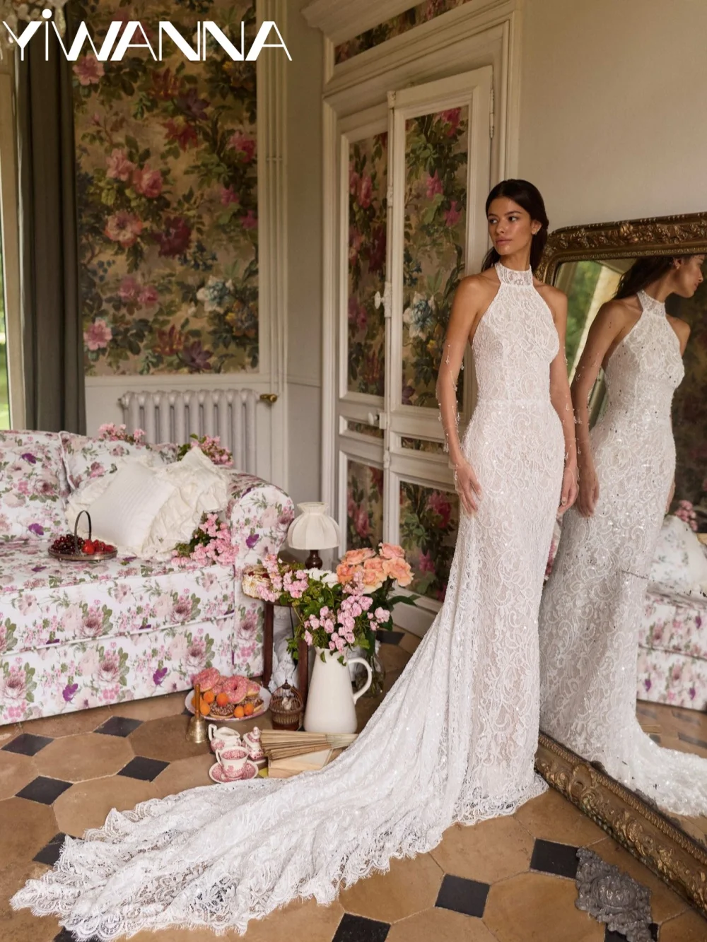 Abito da sposa bianco da sogno in pizzo con perline Abito da sposa sexy senza schienale con scollo all'americana Nuovi abiti lunghi eleganti a sirena personalizzati per la sposa