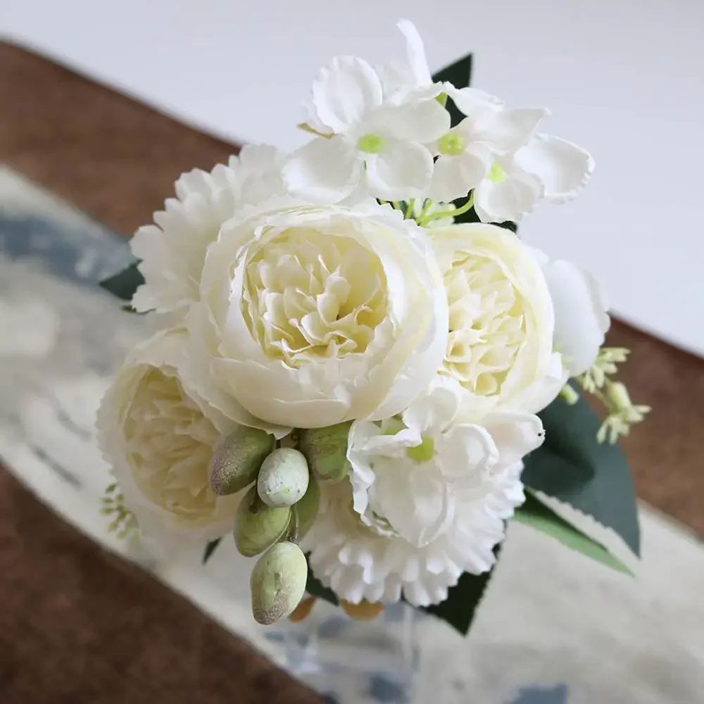 1 Bouquet white Artificial Flowers Peony Tea Rose Autumn Silk Fake Flowers for DIY Living Room Home Garden Wedding Decoration