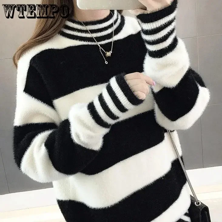 WTEMPO Striped Sweater Mock Neck Thickened Thermal Pollover Autumn and Winter Korean Loose Bottoming Shirt Girls' Jumper