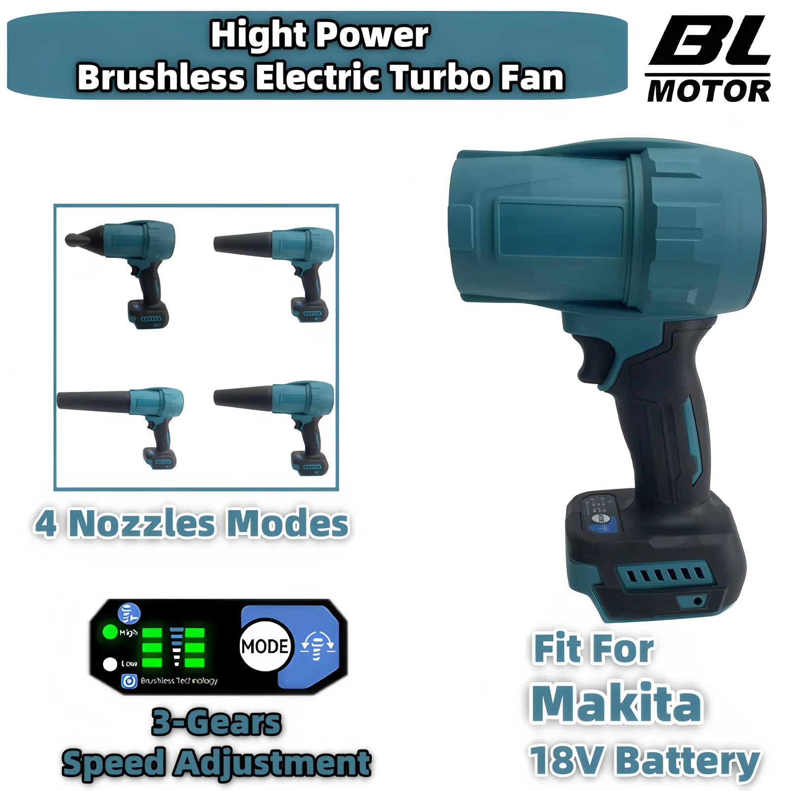 

3-Gear Brushless Electric Turbo Blower Jet Fan Hight Power 350M/S 4 Nozzles Leaf Blower Dust Blowing Tool For Makita 18V Battery