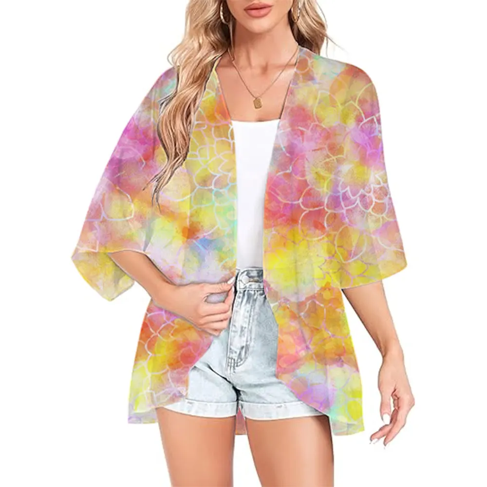 

Summer Women'S Short Sleeve Kimono Cardigan Color Block Sheer Shawl Capes Chiffon Beach Cover-Up Casual Loose Flowy Blouse Tops