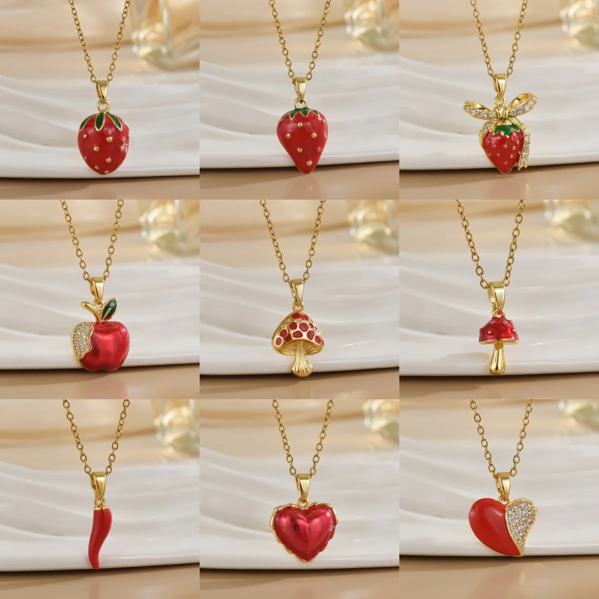 

Women Strawberry Cherry Fruit Pendant Necklace Titanium Steel Gold Color Non-Fading Clavicle Chain Jewelry Accessories