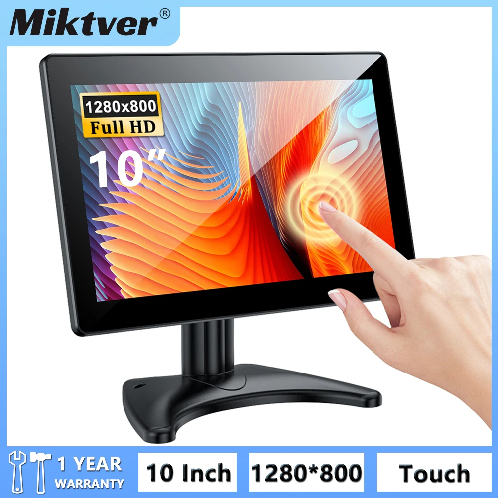 Miktver Desktop Touchscreen Monitor 10 Inch HDMI/VGA/AV Video Input Full HD 1280x800 Portable IPS Display For CCTV DVD PC Laptop