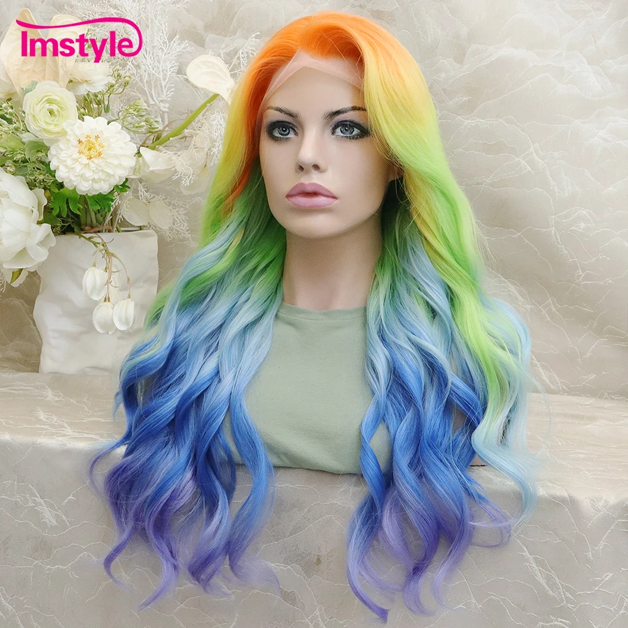 Imstyle Colorful Wig Synthetic Lace Front Wig Ombre Orange Green Blue Wigs For Women Long Wavy Wig Heat Resistant Fiber