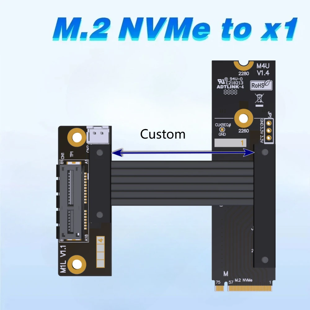 Turn 90° M.2 NVMe to PCIE 4.0 x1 Extension Cable PCIe x1 Card USB Wireless LAN Audio/Capture Card to M.2 Ultra SSD M-Key Adapter