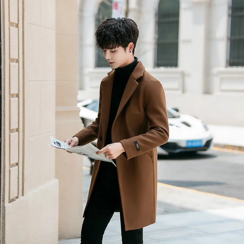 YASUGUOJI Casual Solid Color Men Coat Winter Long Slim Fit Mens Overcoat Polyester Coat Men Abrigos Hombre Invierno Hombre