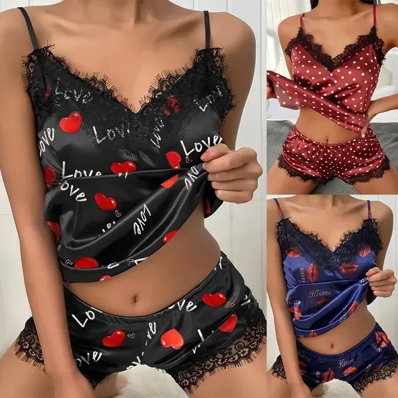 Dot Love Homewear Elegant Kawaii Women's Two Print Lace Silk Set Neck Comfortable Lips Pajamas Fashion Piece Heart