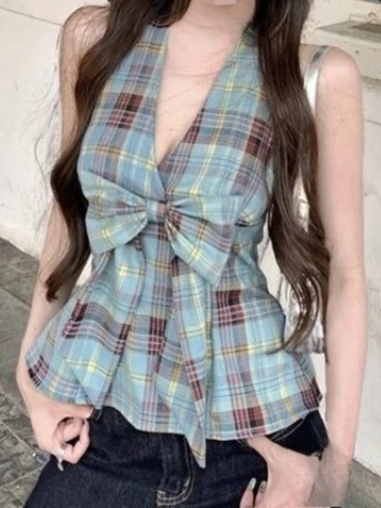 

Summer V Neck American Vintage Sexy Bodycon Plaid Sleeveless Tops Subculture Crop Tops Tanks 2000S Korean Fashion Casual Camis