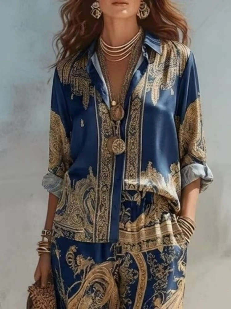Retro Pattern Printed 2 Pieces Set for Woman Turndown Collar Buttons Shirts Elegant Outfit Spring Fall Wide Leg Trousers Suit