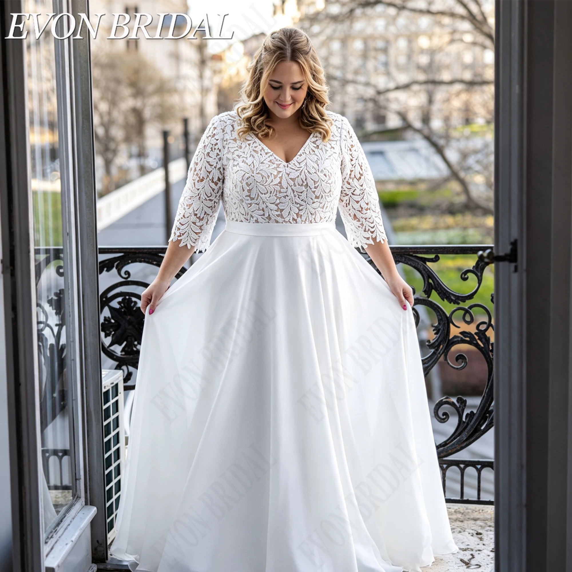 EVON BRIDAL Plus Size V Neck Wedding Dress For Women Lace A-Line Bride Dresses Bohemian Chiffon Abito Da Sposa Customized