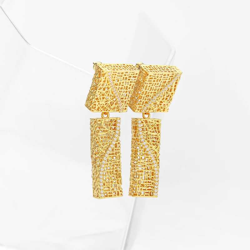 IVOG Square Bar Drop Earrings Double Layer CZ Hollow Brass Women Party Pendiente Shiny Polished Unique Fashion Jewelry