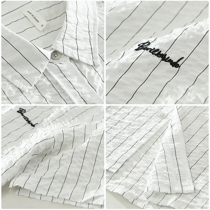 Camisa de manga corta a rayas para hombre, camisas informales con cuello vuelto, ropa de moda con bordado de letras, novedad de verano 2024