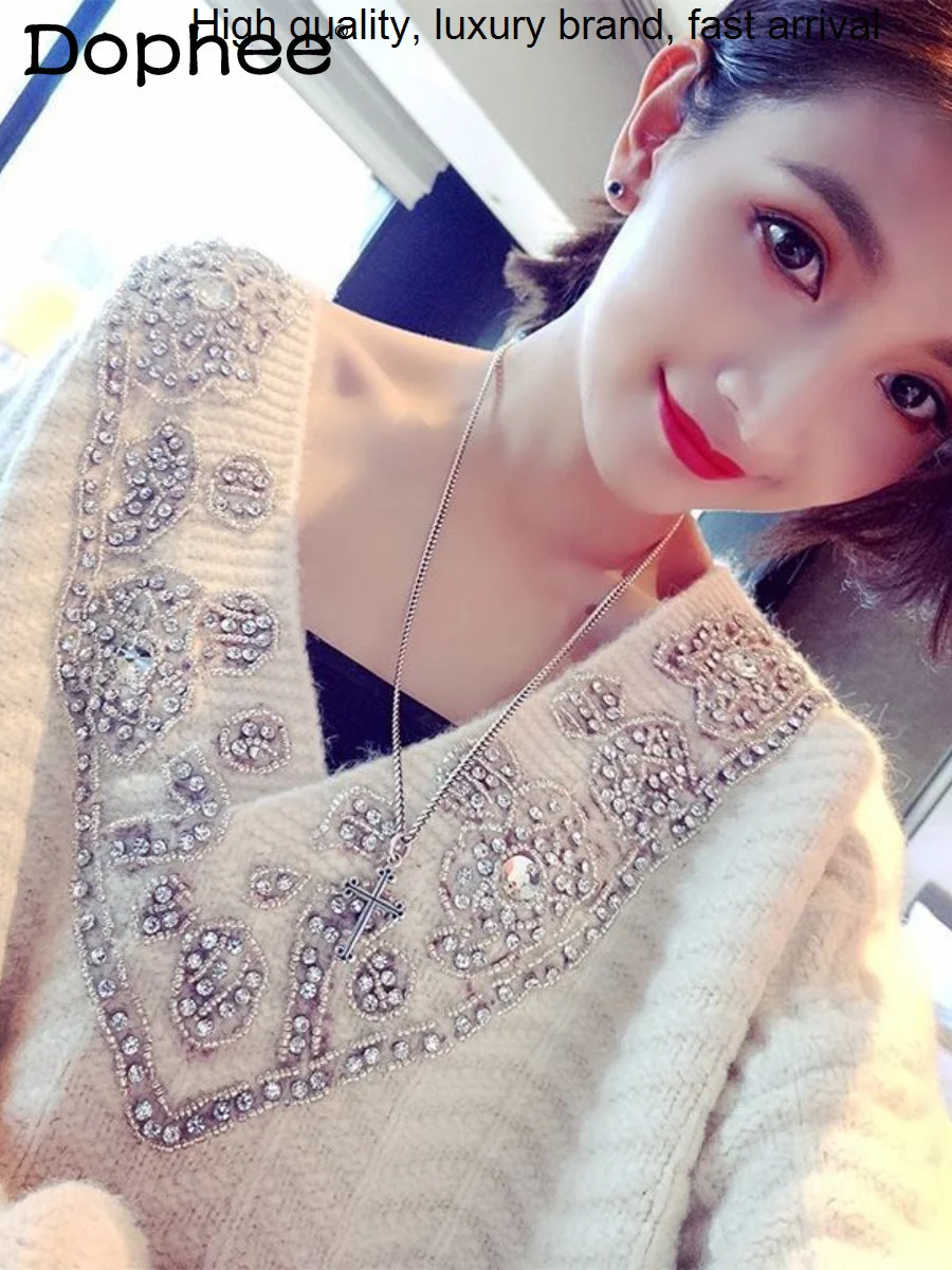 

Sequined Hot Drilling Top Women Temperament V-Collar White Knitted Jumper 2023 New Autumn Winter Loose Oversized Sweater