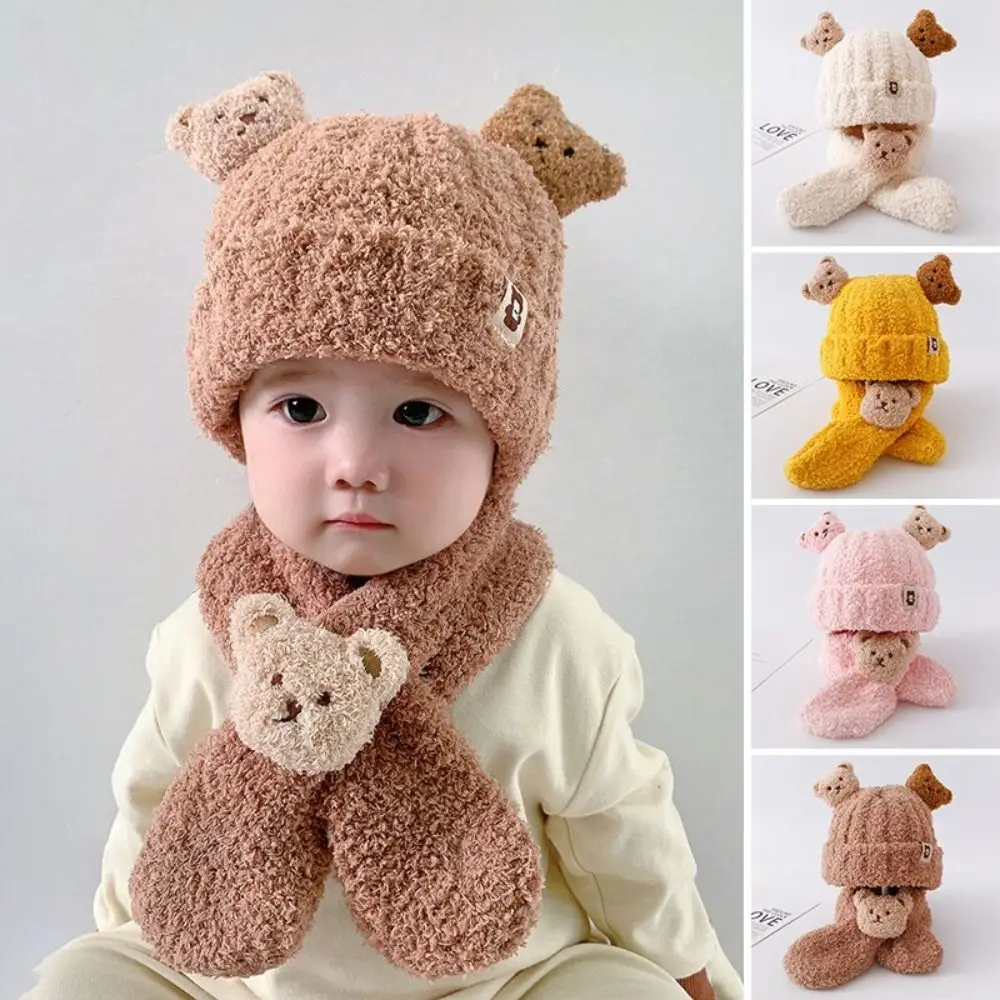 2Pcs Cartoon Bear Baby Winter Hat Scarf Set Children Warm Scarves Plush Knit Cap Thick Ear Protection Infant Beanie for Girl Boy