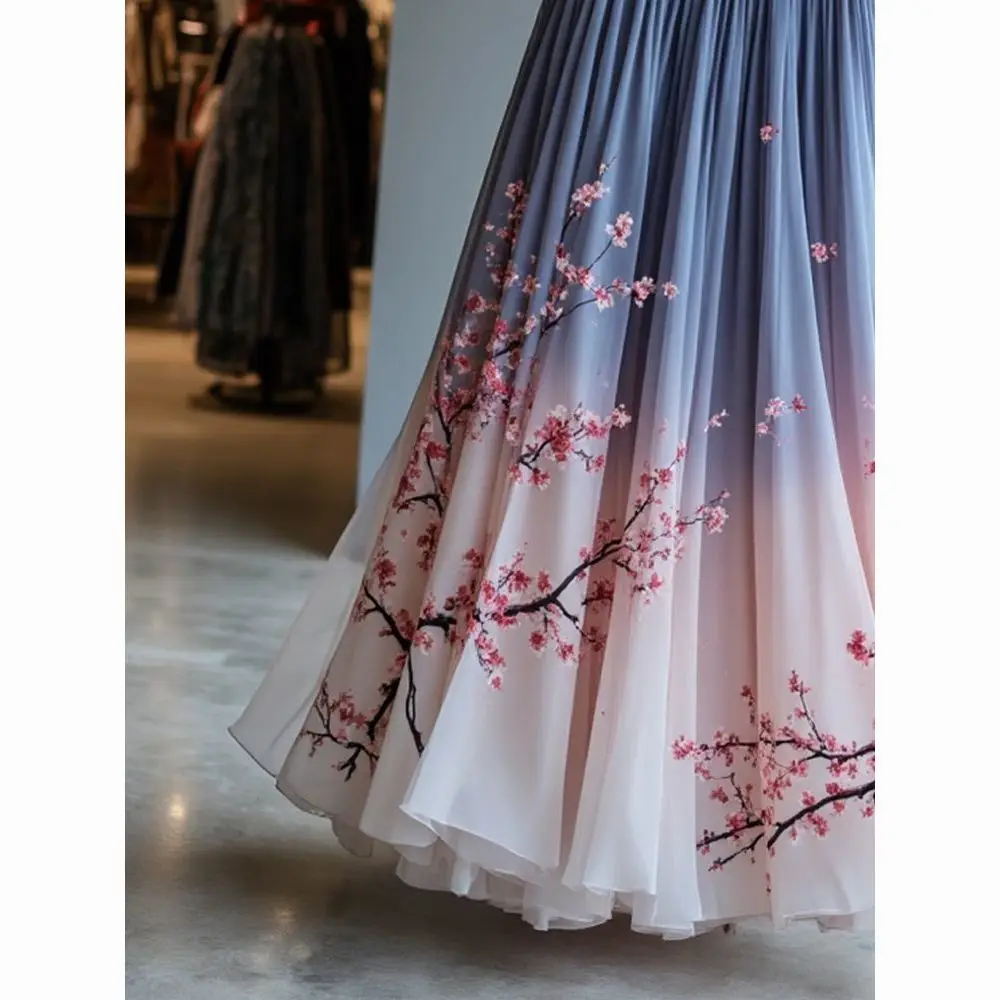 Ombre Cherry Blossom Maxi Skirt High Waist Flowy Chiffon Prom Skirt Beautiful Aesthetic Elegant Women Spring Pleated Streetwear