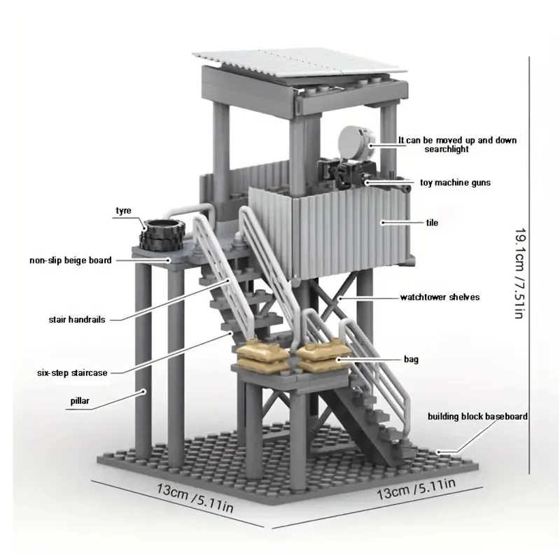 

DIY Educational Toy WW2 Military Lookout Tower Weapon Sanbag defense battlefield Building Block Set For Boys