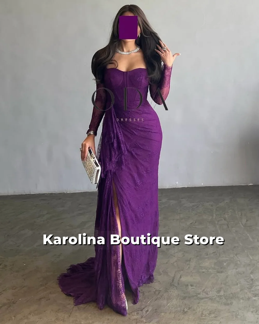 

Women Elegant Solid Bodycon Maxi Evening Dress Purple Lace Long Sleeve Lady O-neck Evening Party Vestidos Robe Customized