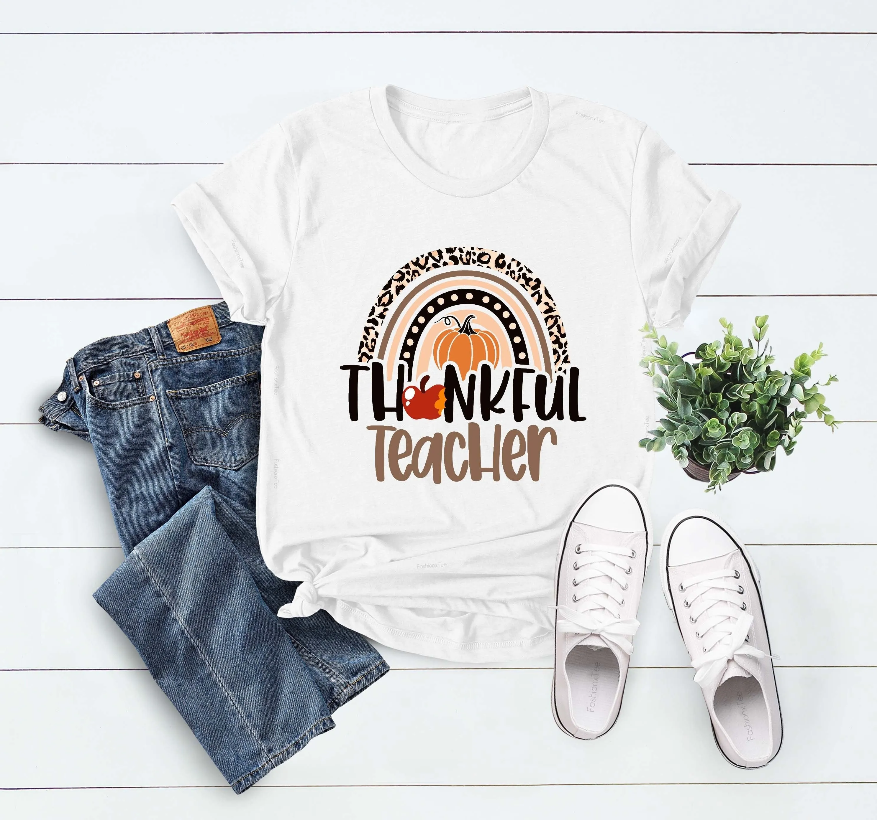 Thanksgiving Teacher T Shirt Thankful Rainbow Pumpkin Vacation Dinner Family