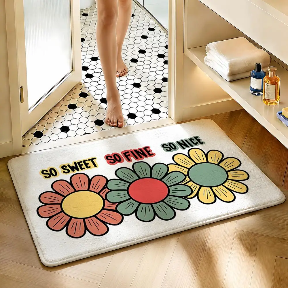 Retro Groovy Daisy Print Bath Mat Inspirational Positive Soft Fluffy Non Slip Absorbent Bathroom Floor Rug Cute Bohemian Home