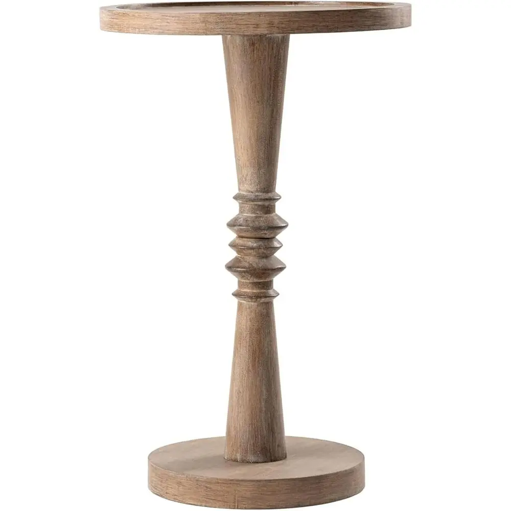 Rustic Round Pedestal End Table, Distressed Brown, Ideal for Small Spaces