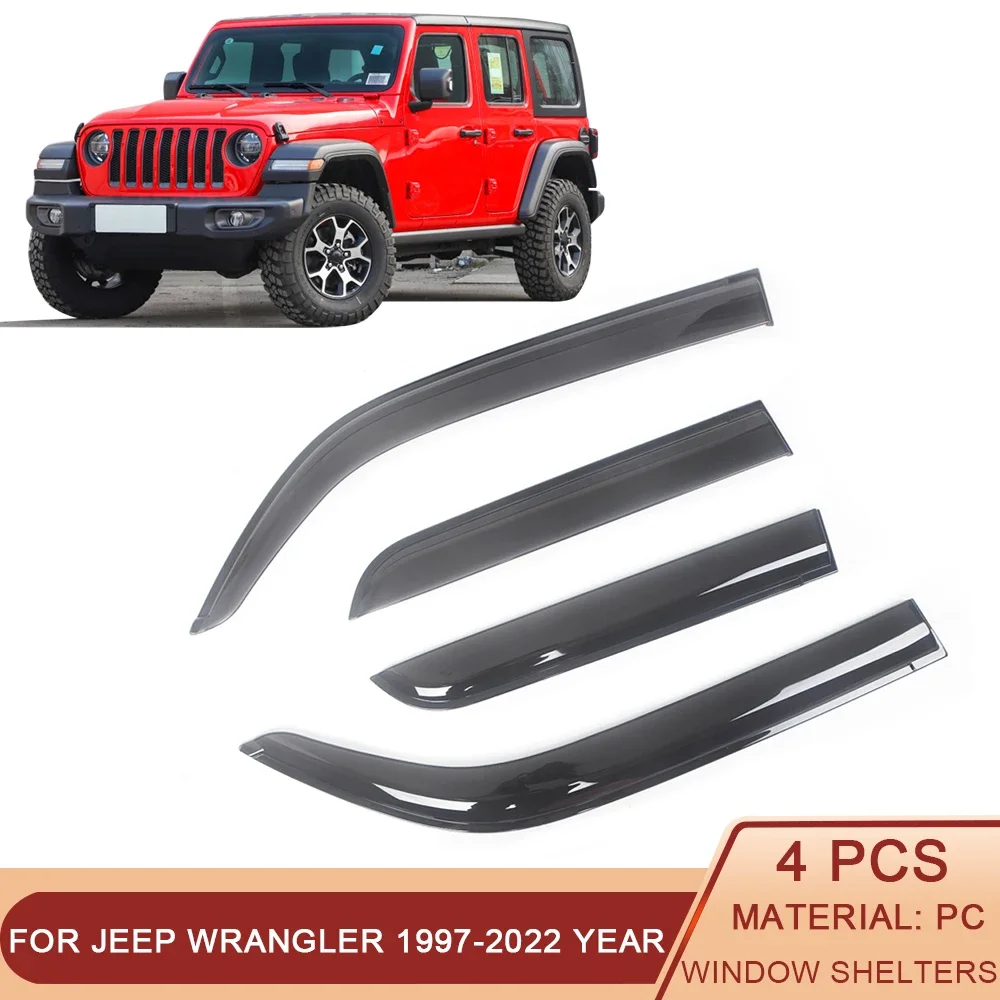 For Jeep Wrangler 1997-2022 Auto Side Window Wind Deflectors Visors Black Rain Guard Door Visor Vent Shades Dark Smoke Ventvisor