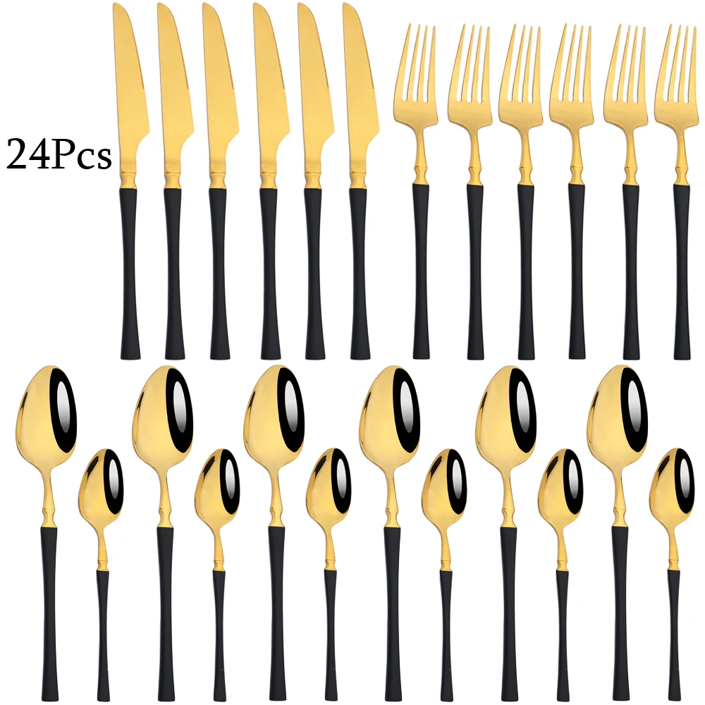 

Cutlery Set Mirror 24 Piece Black Gold Dinnerware Dinner Set Tableware Western Stainless Steel Cutlery Set Kitchen Dropshipping