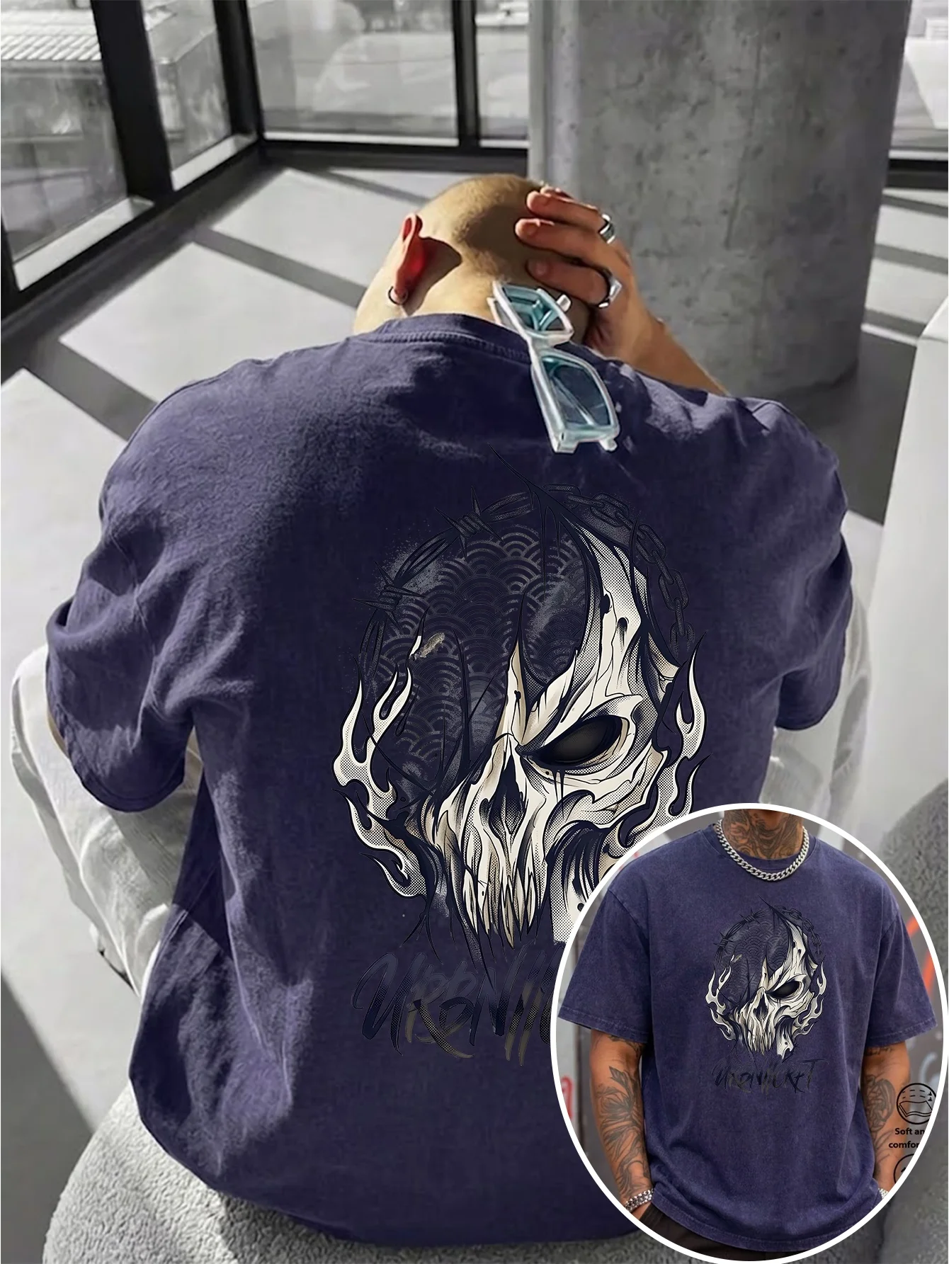 Men Washed Cotton T-shirt, Deformed Skull Japanese Tattoo Element Print, Loose Versatile Dark Street Style Short Sleeve S-3XL