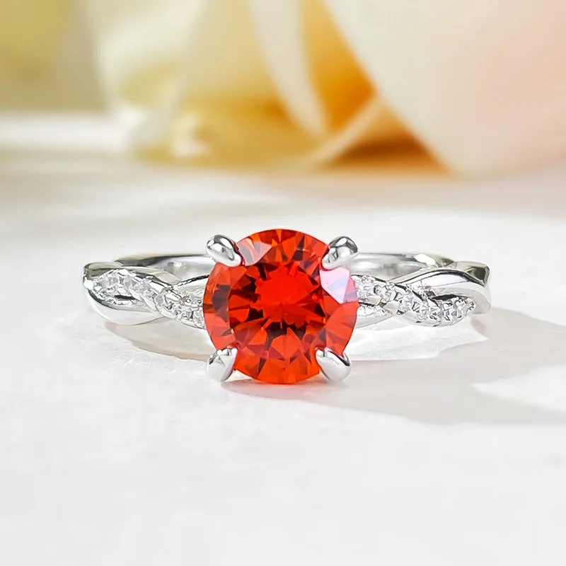 S925 Silver Ring 7.0mm Round Fanta Orange Ring Women's Fashion Versatile Ring