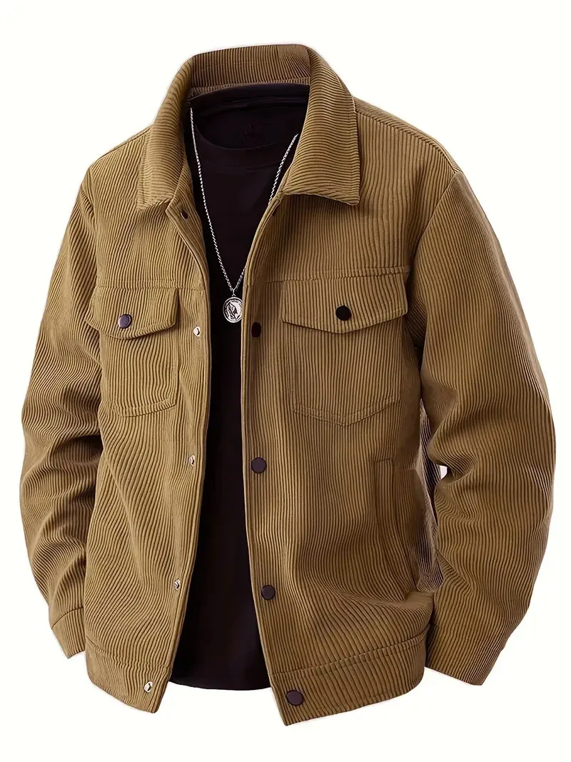Men's European Size Casual Sports Jacket - Corduroy Single-Breasted Outerwear with Pocket Design