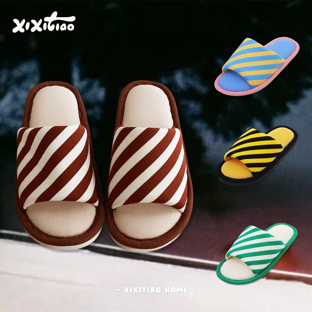 

Women's Stripe Knit Slippers Non Slip Sole House Shoes for All Season Indoor Air Conditioned Room Wear Summer Home Slides