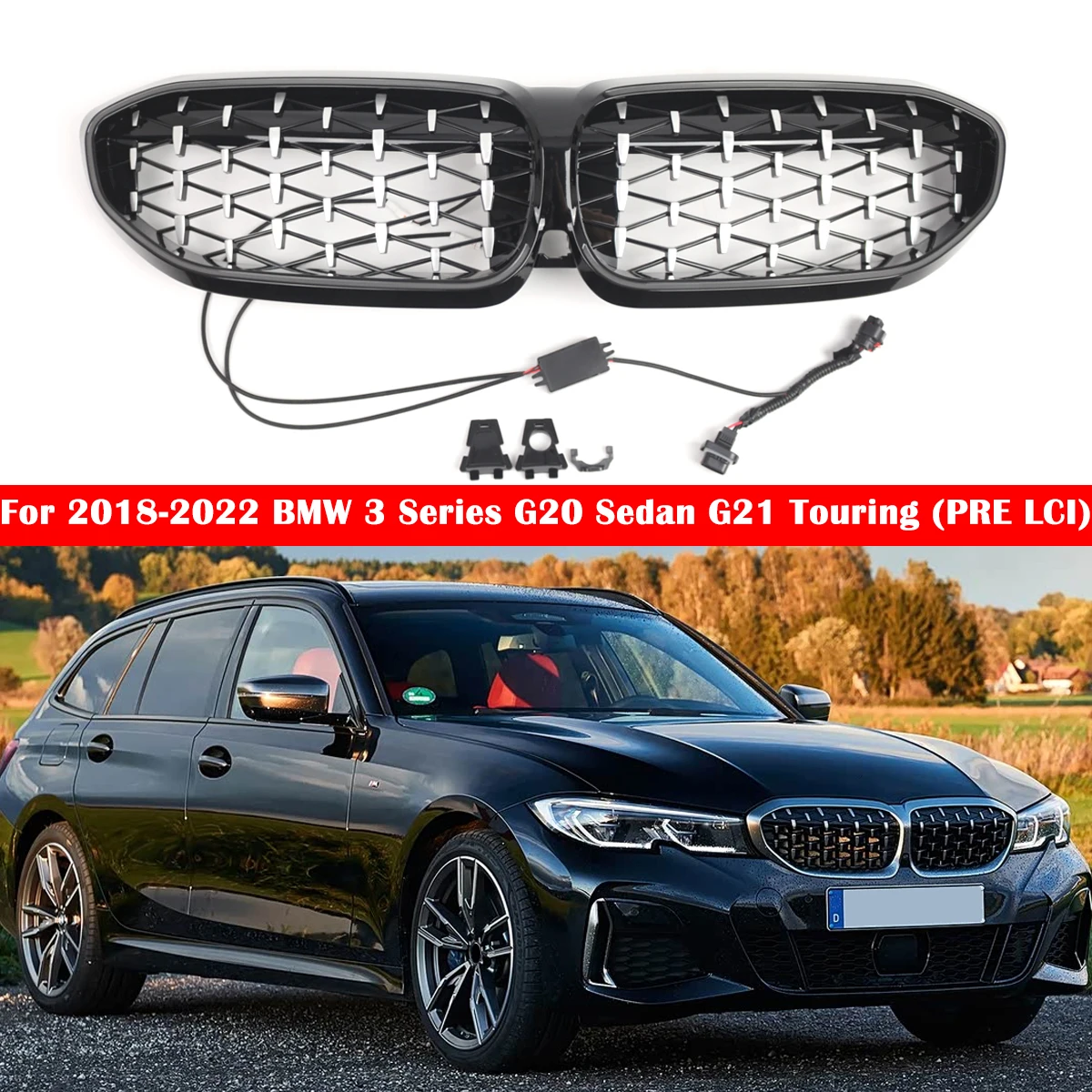 

Передняя решетка радиатора почек для BMW 3 серии G20 Sedan G21 Touring (PRE LCI) 2018 ~ 2022 глянцевый черный или хромированный черный ромбовидный стиль